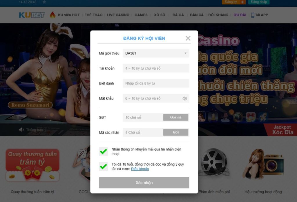 Nhập đầy đủ thông tin theo yêu cầu và sử dụng mã xác minh 361 để nhận 2.000.000 VND ưu đãi trong toàn bộ casino trong tháng đầu tiên. Áp dụng trên website chính thức của Kubet được chứng nhận bởi PAGCOR tại Việt Nam